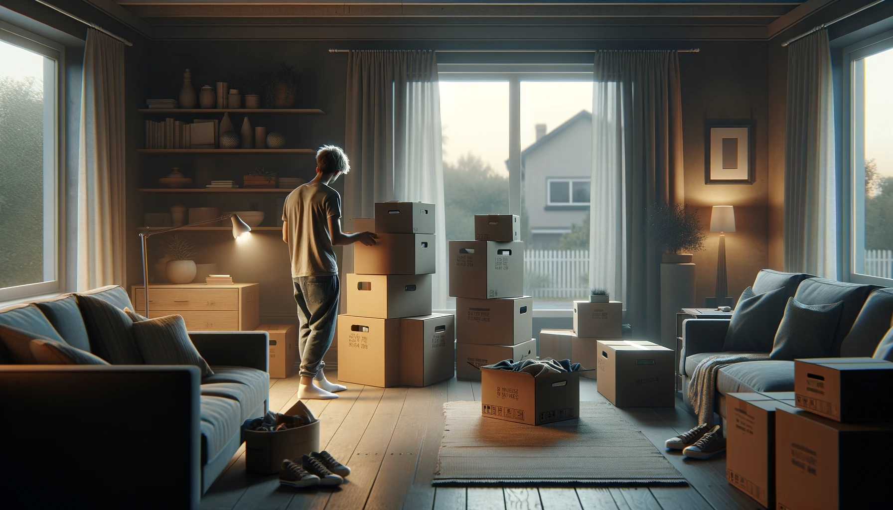 person packing moving boxes in a nearly empty living room