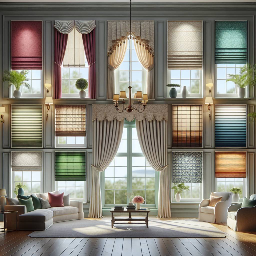 Elegant living room with diverse stylish window treatments.