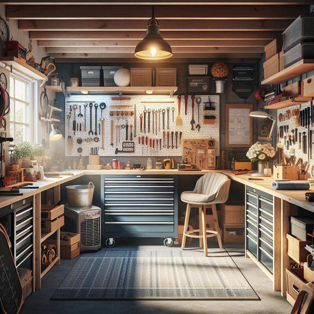 Organized workshop with tools, storage, and workbench.