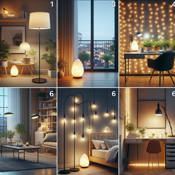 Variety of modern interior lighting designs in cozy settings.