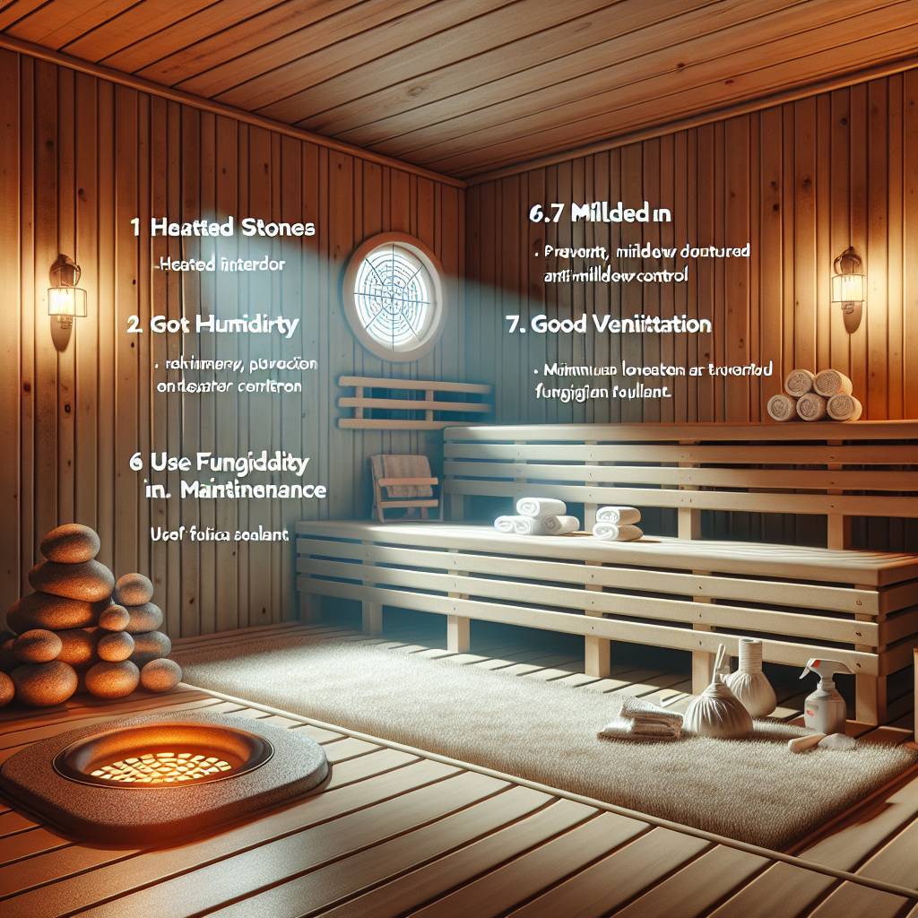 Cozy sauna interior with heated stones and wooden benches.
