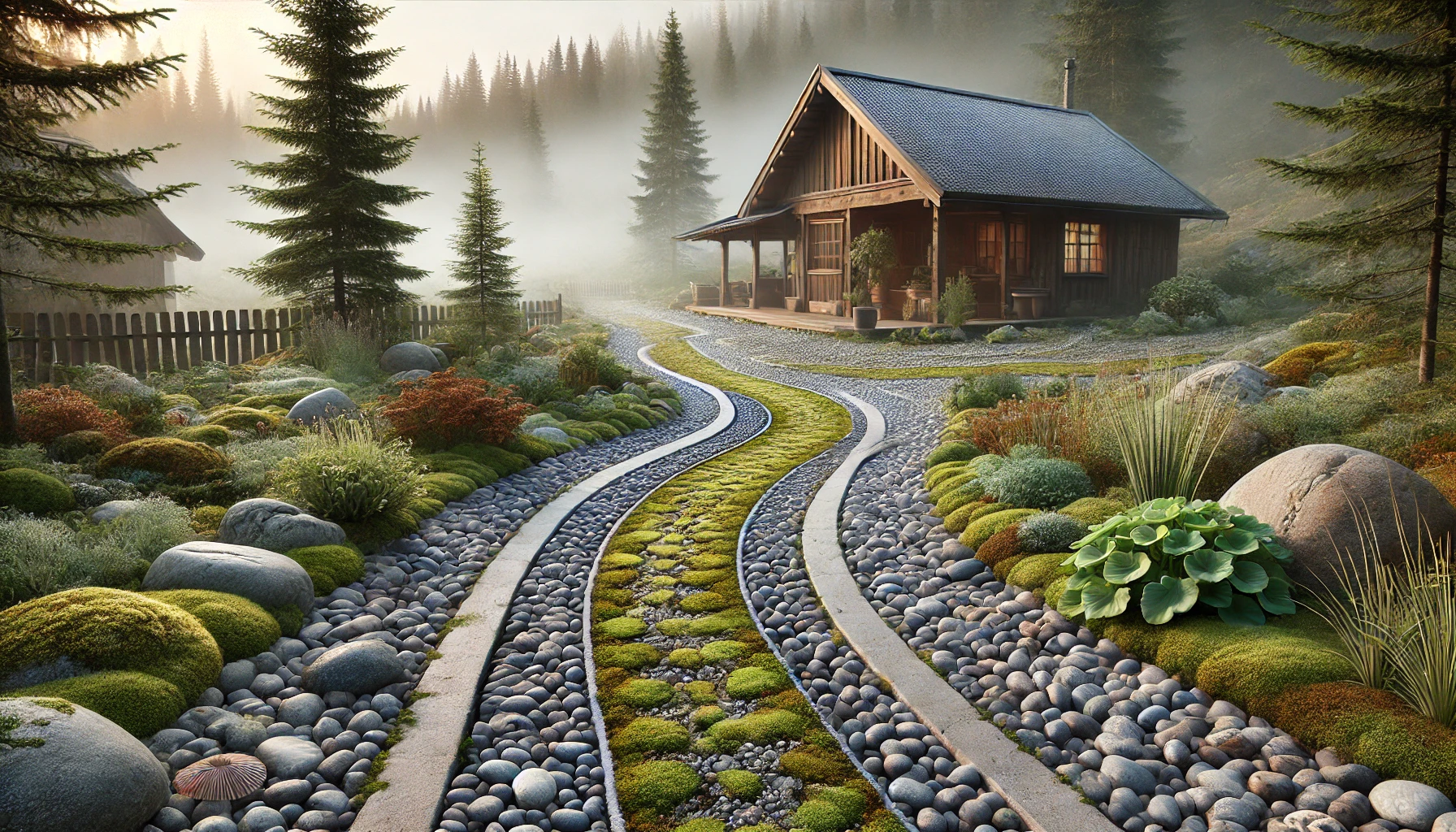 Misty forest cabin with landscaped stone path.