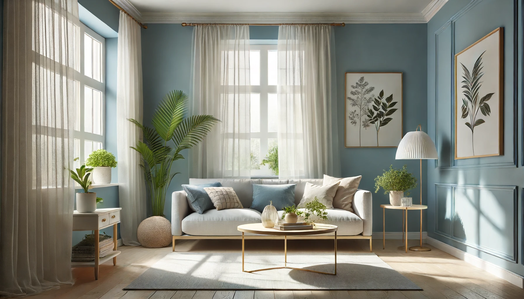 the room features a comfortable sofa, a coffee table with a plant