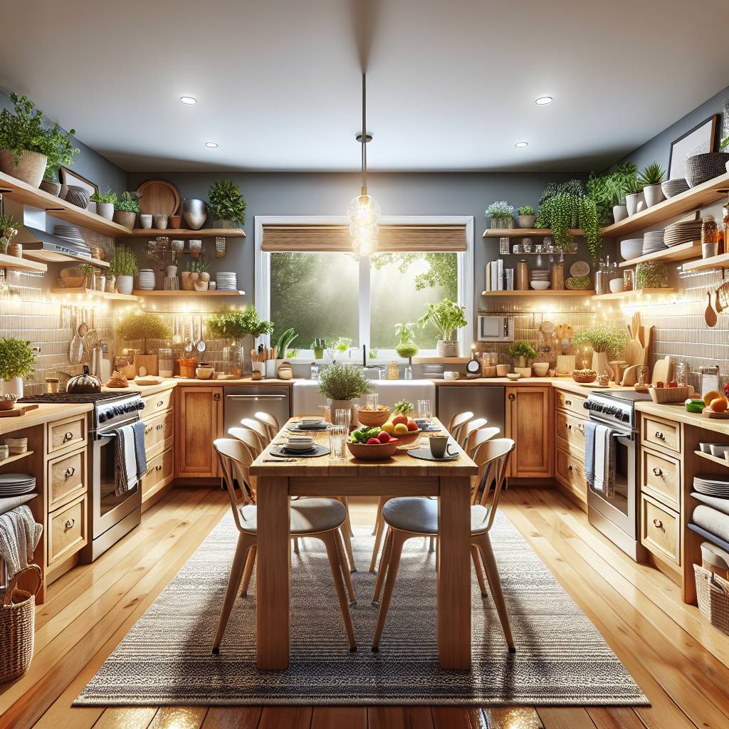 Modern kitchen with wooden furniture and herb plants.