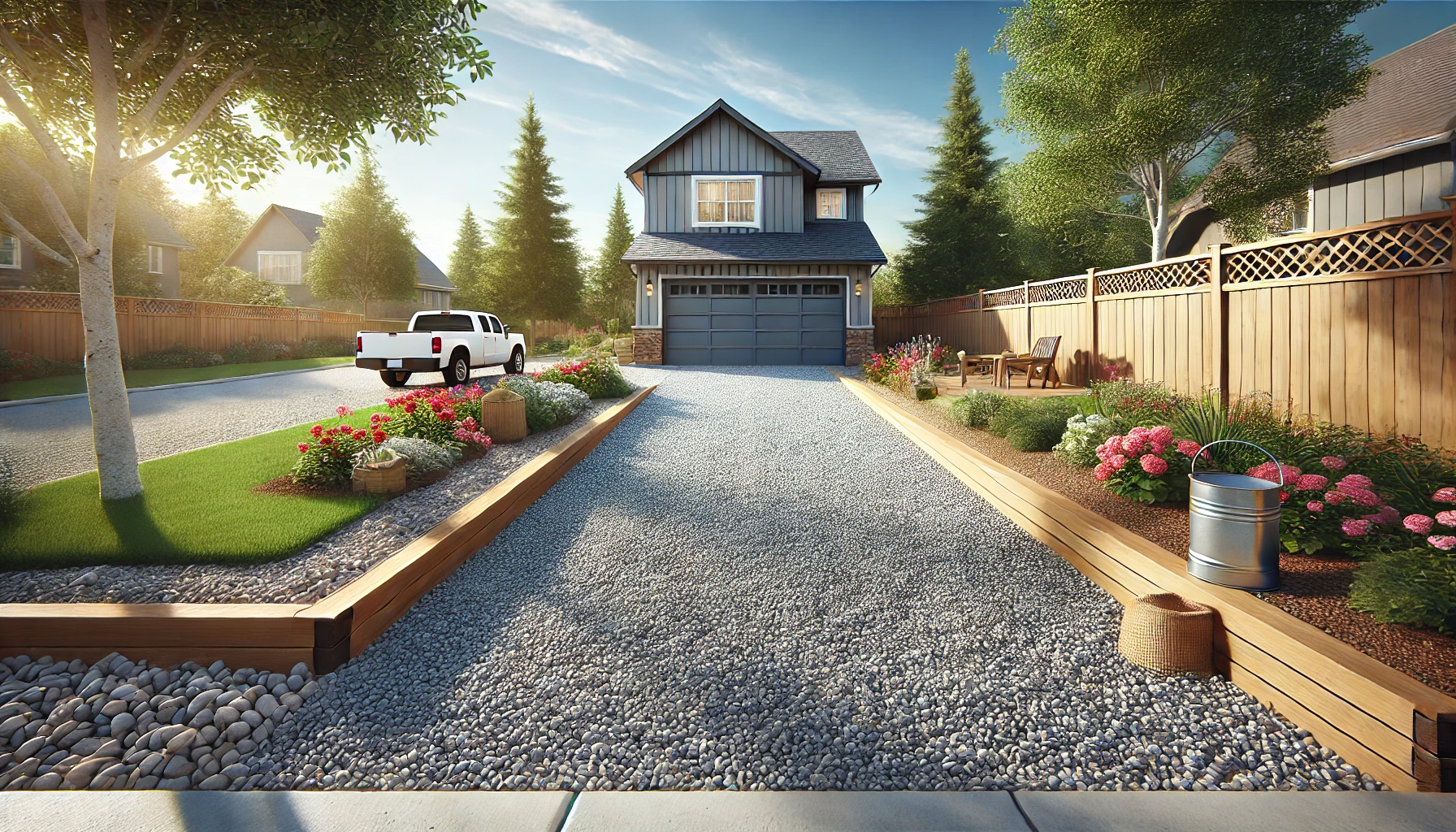 Sunlit suburban home with landscaped driveway and garden.