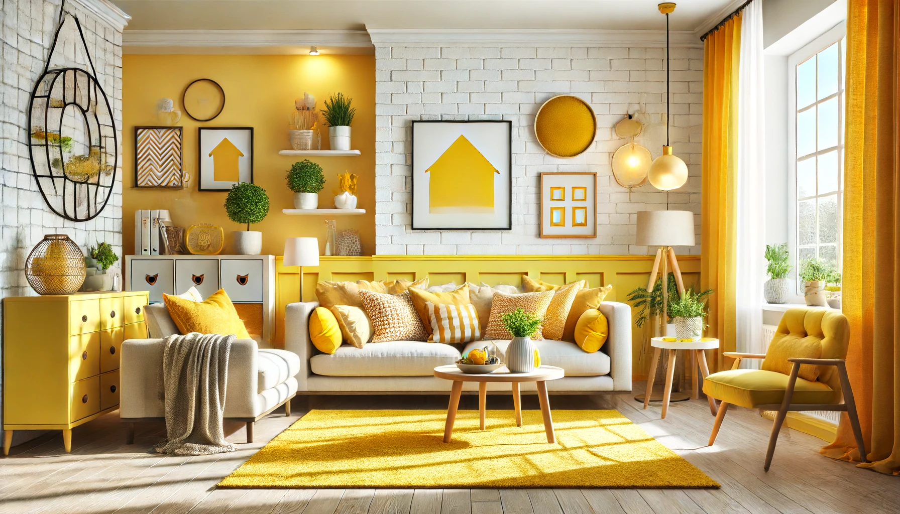 cheerful living room with yellow accents. the room includes cozy furniture, colorful pillows