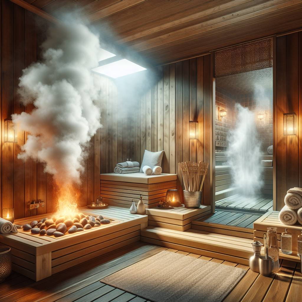 Luxurious wooden sauna with steam and elegant decor.
