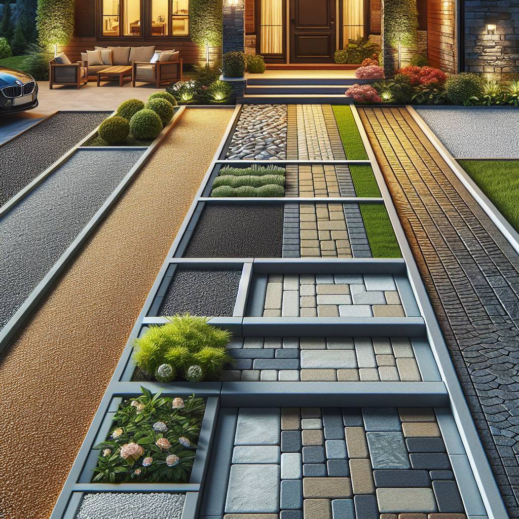 Modern driveway with varied textures and landscaping at dusk.