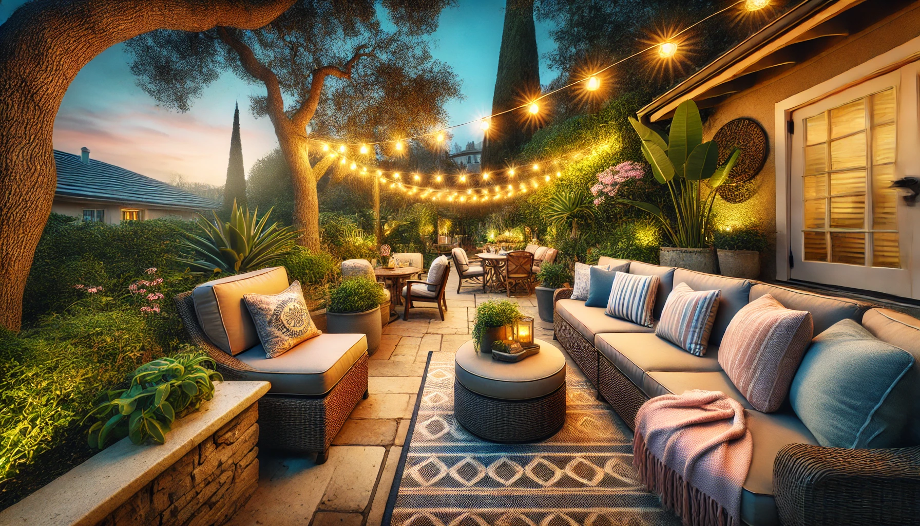 cozy patio retreat, with weather resistant furniture