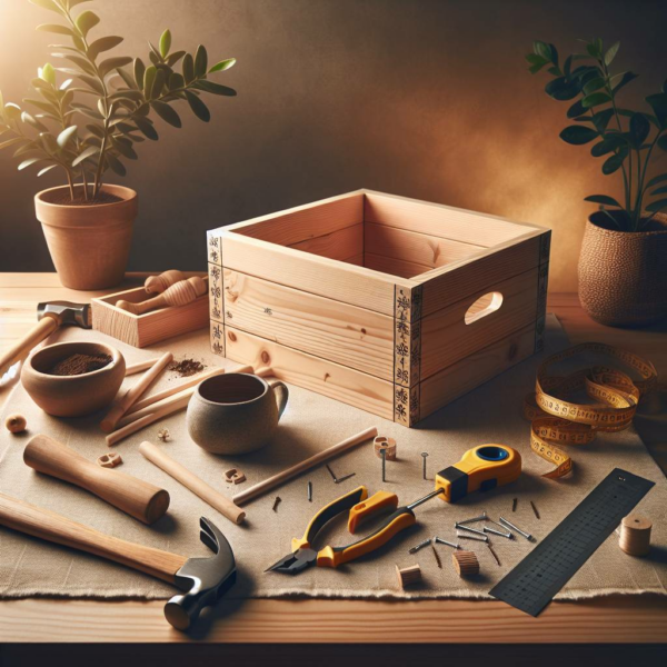 Carpentry tools and wooden box on workshop table.