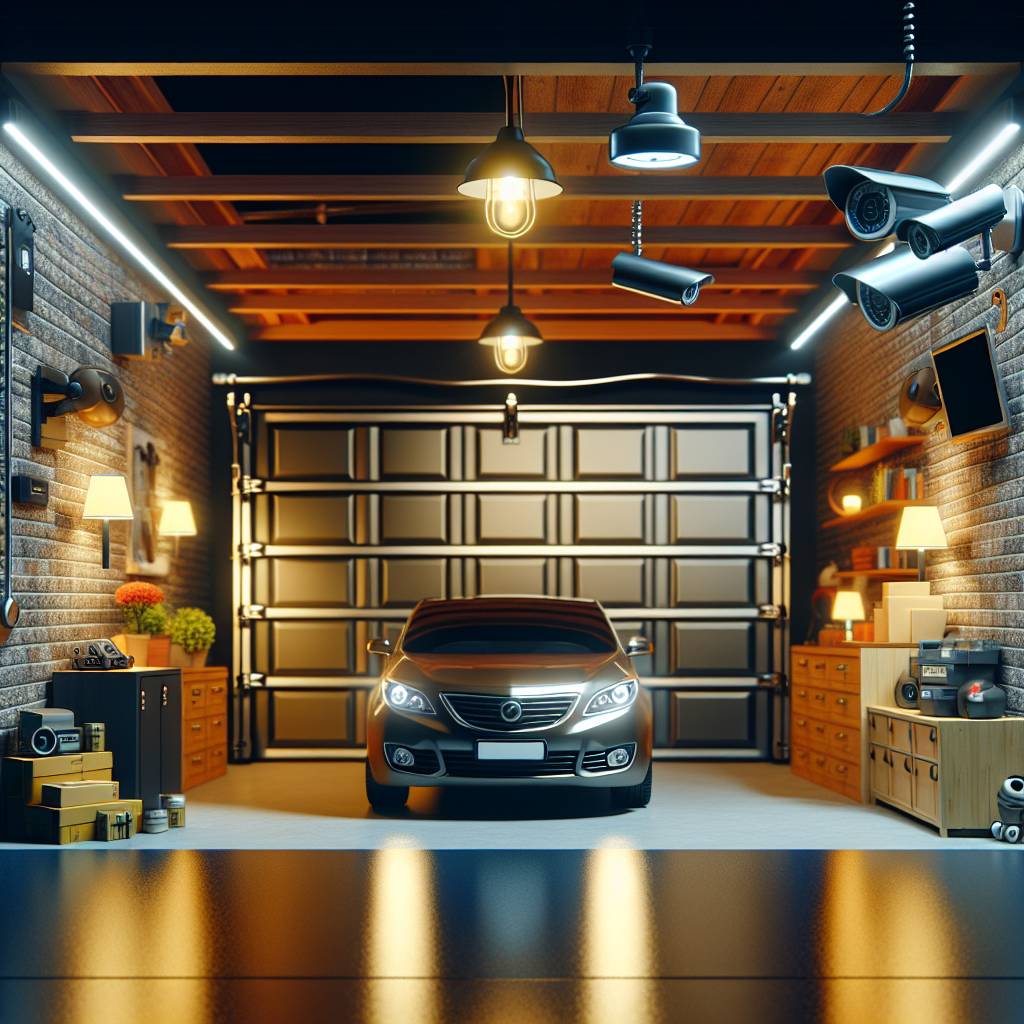 Modern garage with car, tools, and security cameras.