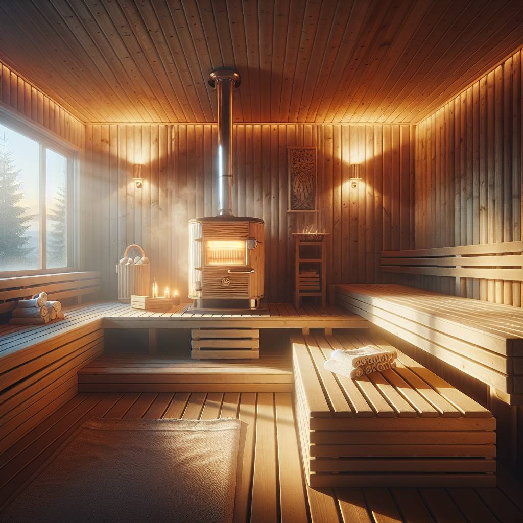 Cozy, wood-paneled sauna with a central heater.