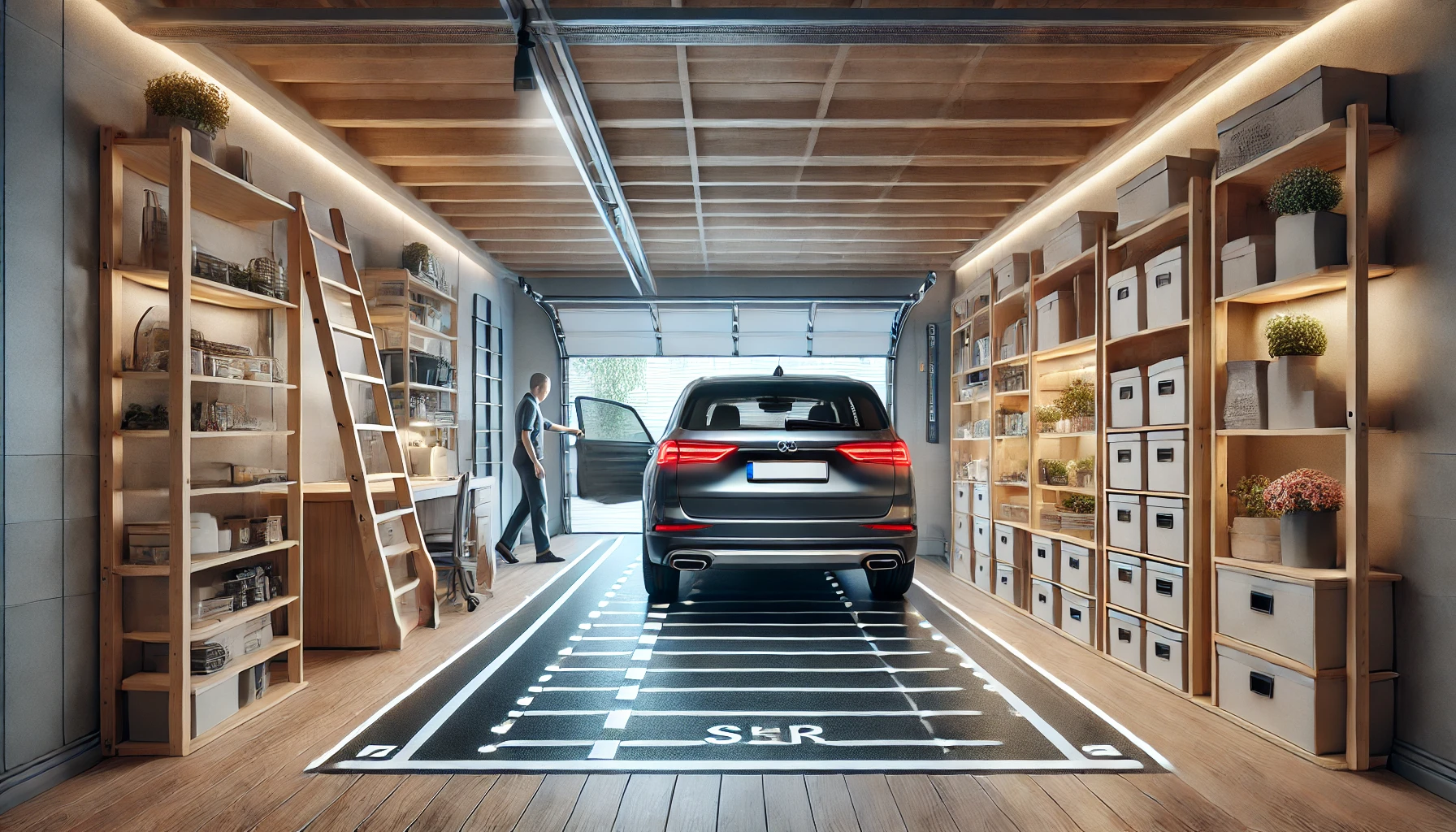 Organized garage with shelves, parked car, and a working person.
