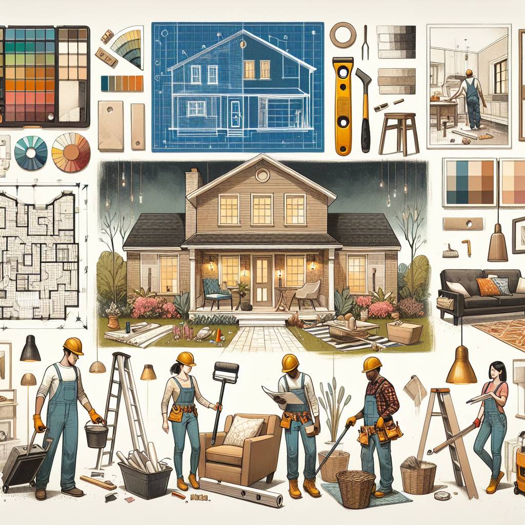 Home renovation planning, construction, and interior design illustration.