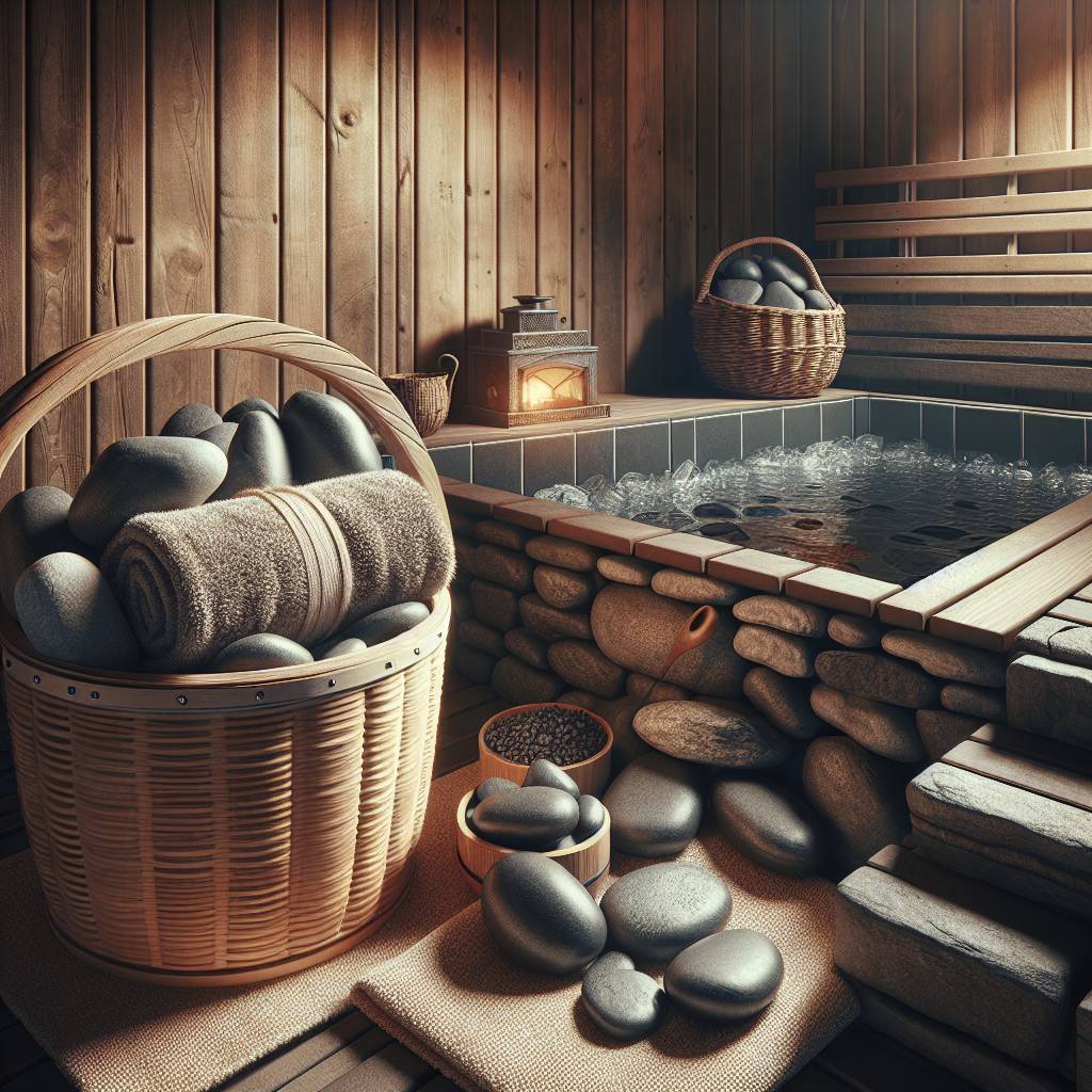 Cozy sauna interior with hot tub, stones, and towels.