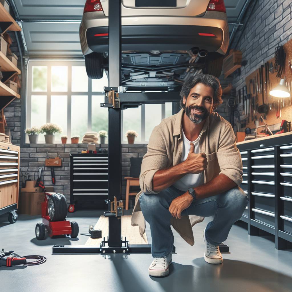 Mechanic giving thumbs-up in organized garage workshop.