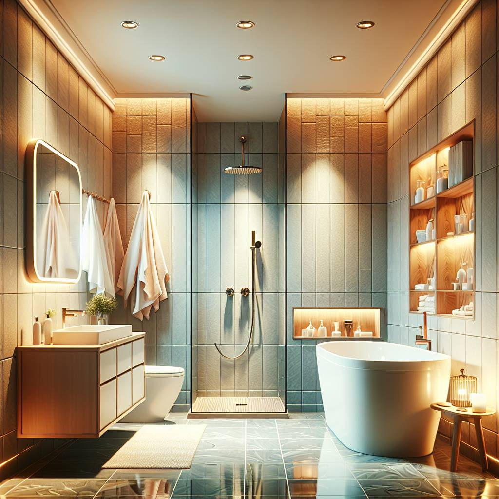 Modern, luxurious bathroom with elegant fixtures and ambient lighting.