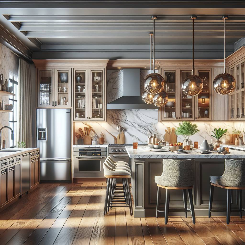 Modern kitchen with island, stainless steel appliances, and pendant lights