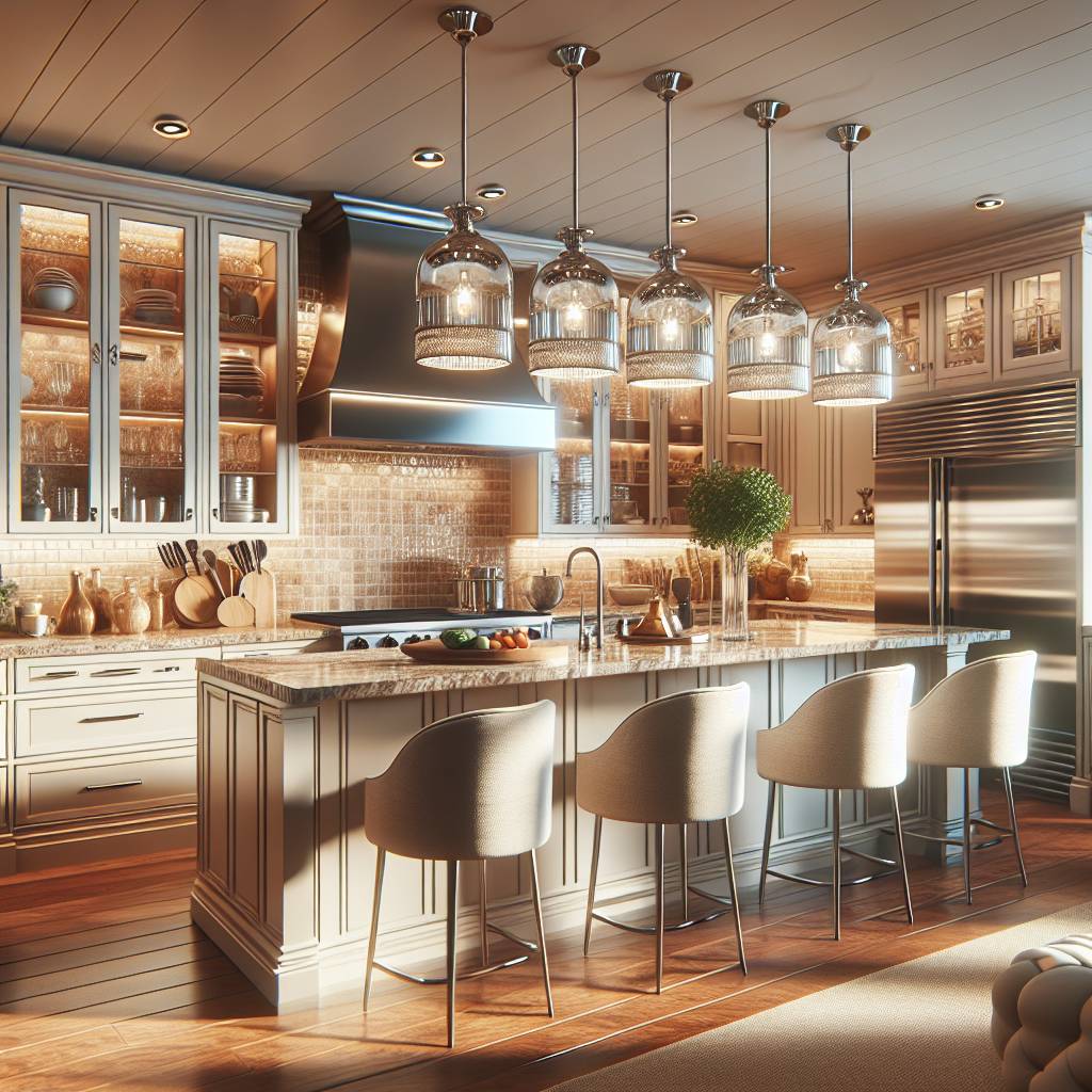 Luxurious kitchen with island, pendant lights, and stools.