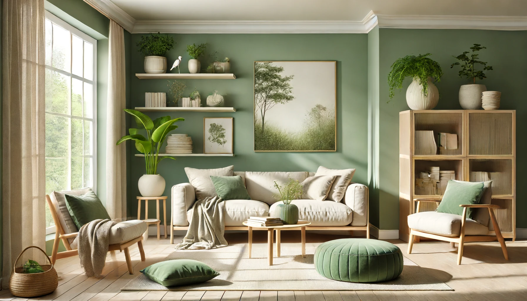 living room with walls painted in a soothing green shade. the room has comfortable seating, a bookshelf