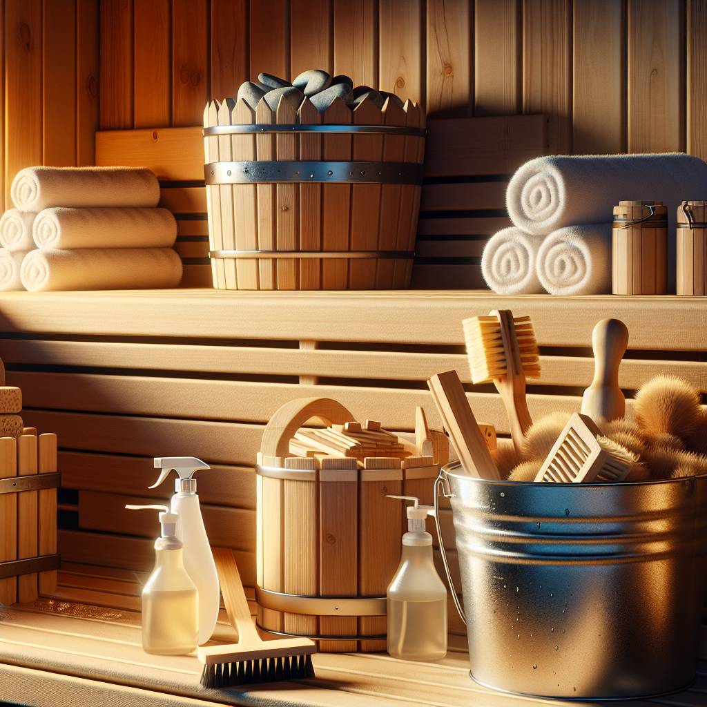 Sauna essentials including wooden bucket, towels, and brushes.