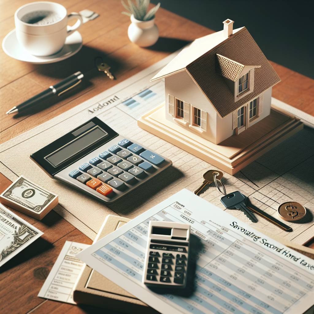 Miniature house model with financial documents and calculator.