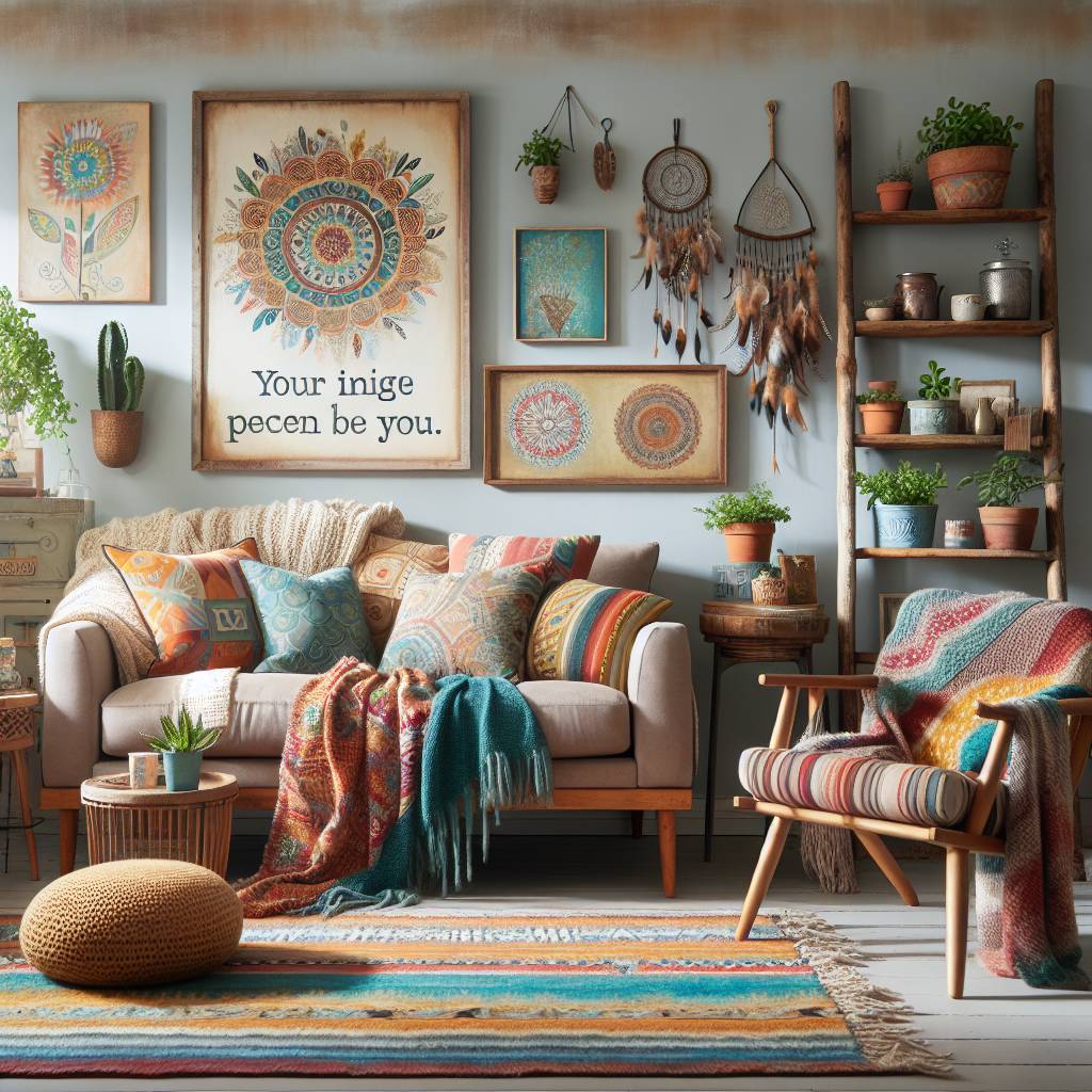 Cozy bohemian living room with colorful textiles and plants.