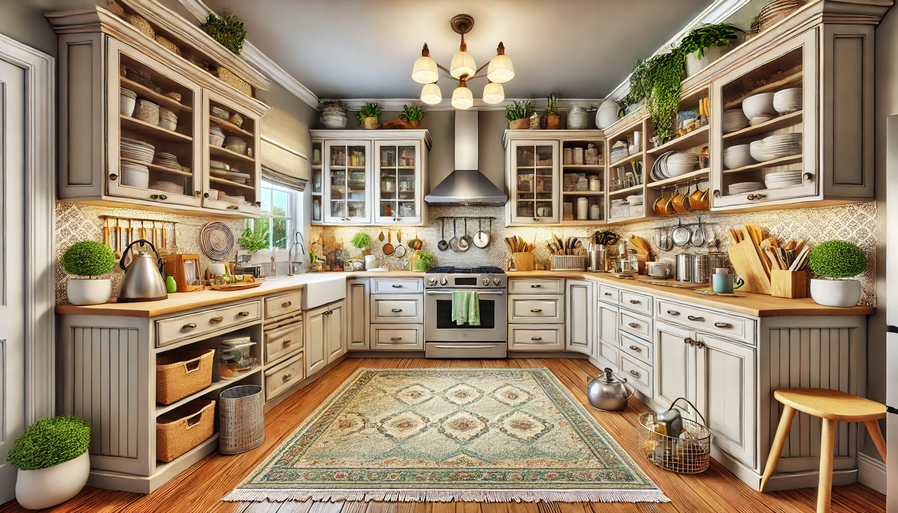 Cozy farmhouse kitchen with rustic decor and appliances.