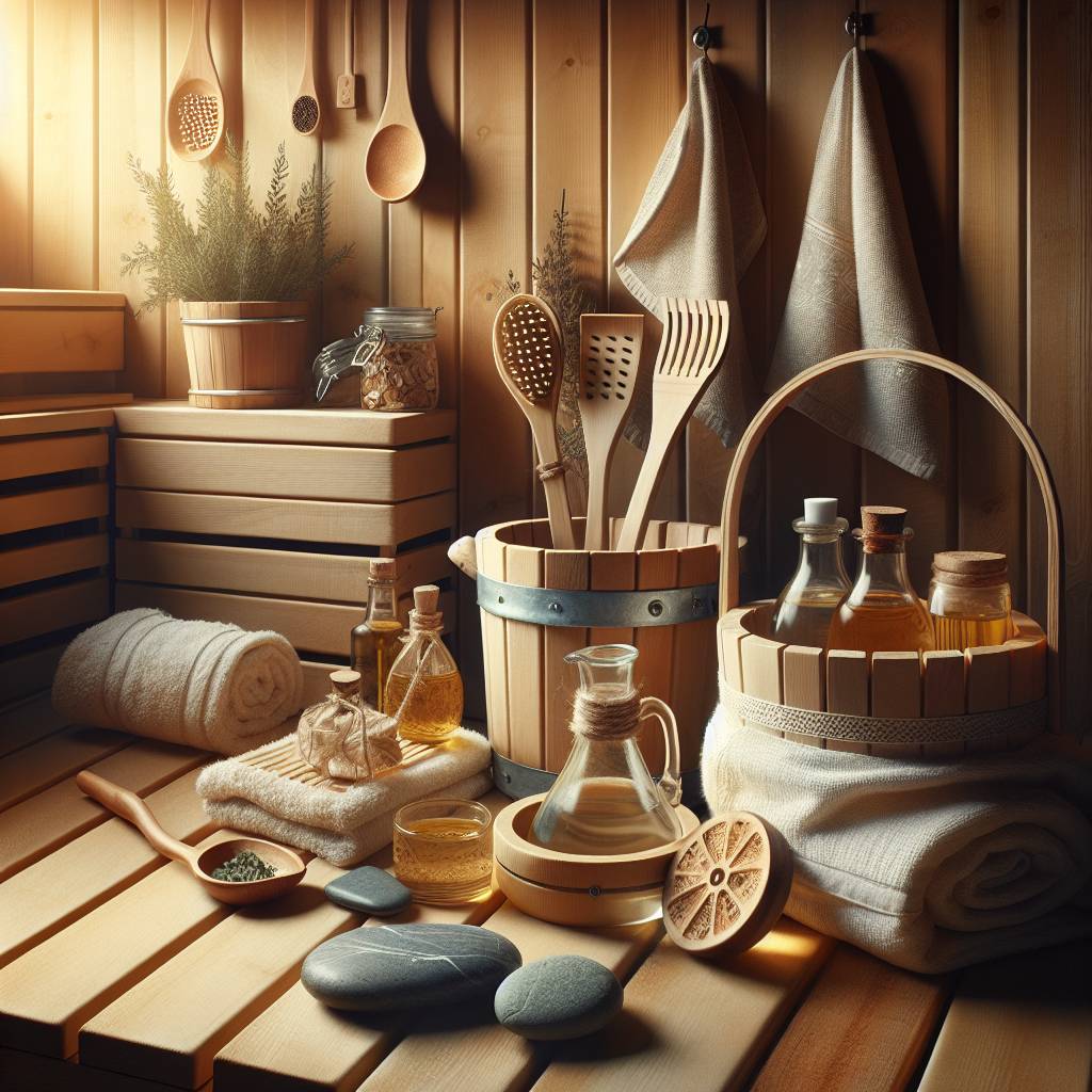 Cozy wooden sauna room with accessories and towels.
