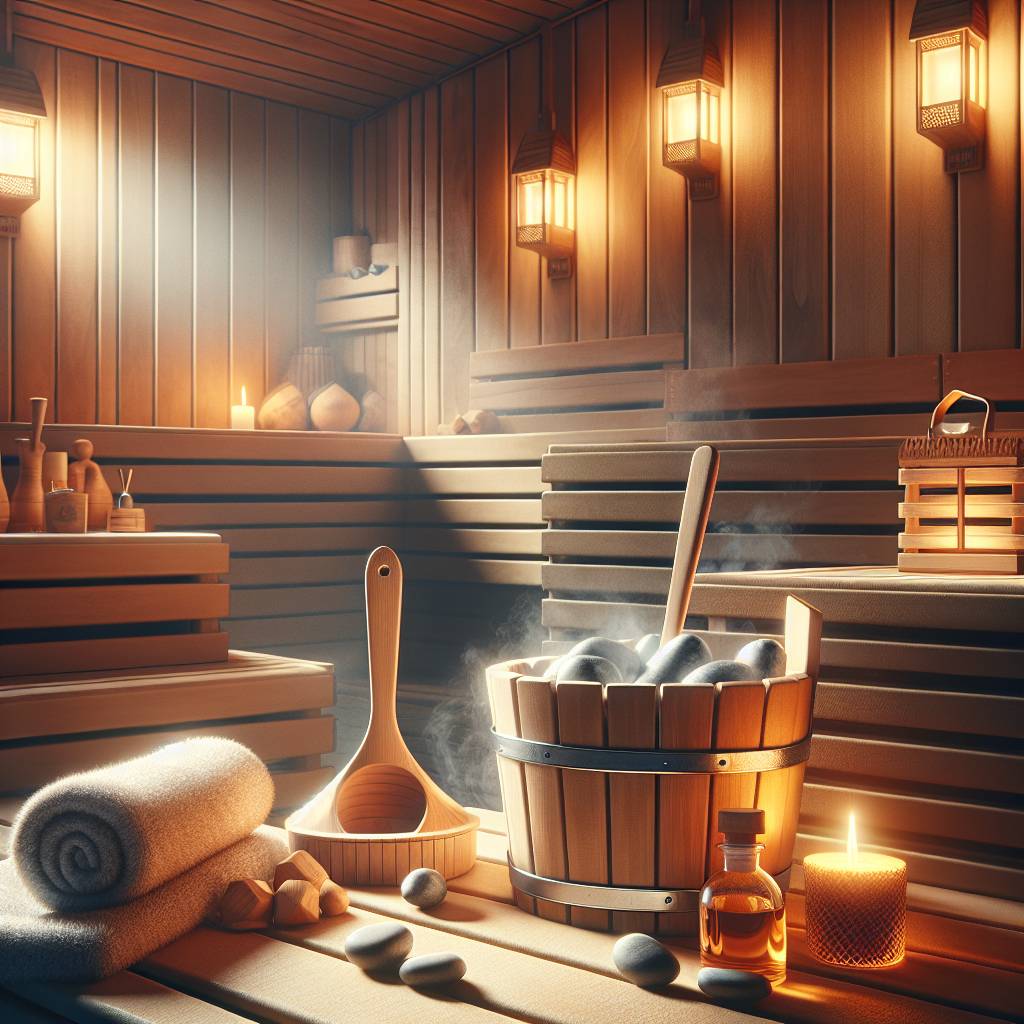 Cozy wooden sauna interior with stones, candles, and towels.