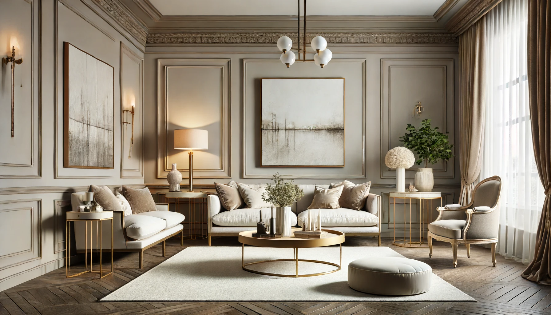 sophisticated living room with neutral colored walls (beige or gray). the room features elegant furniture