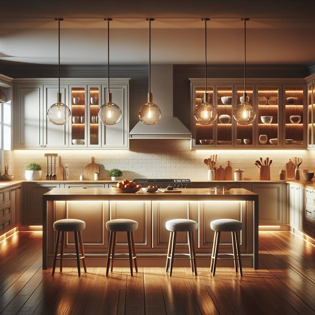 Modern kitchen with island and warm lighting.