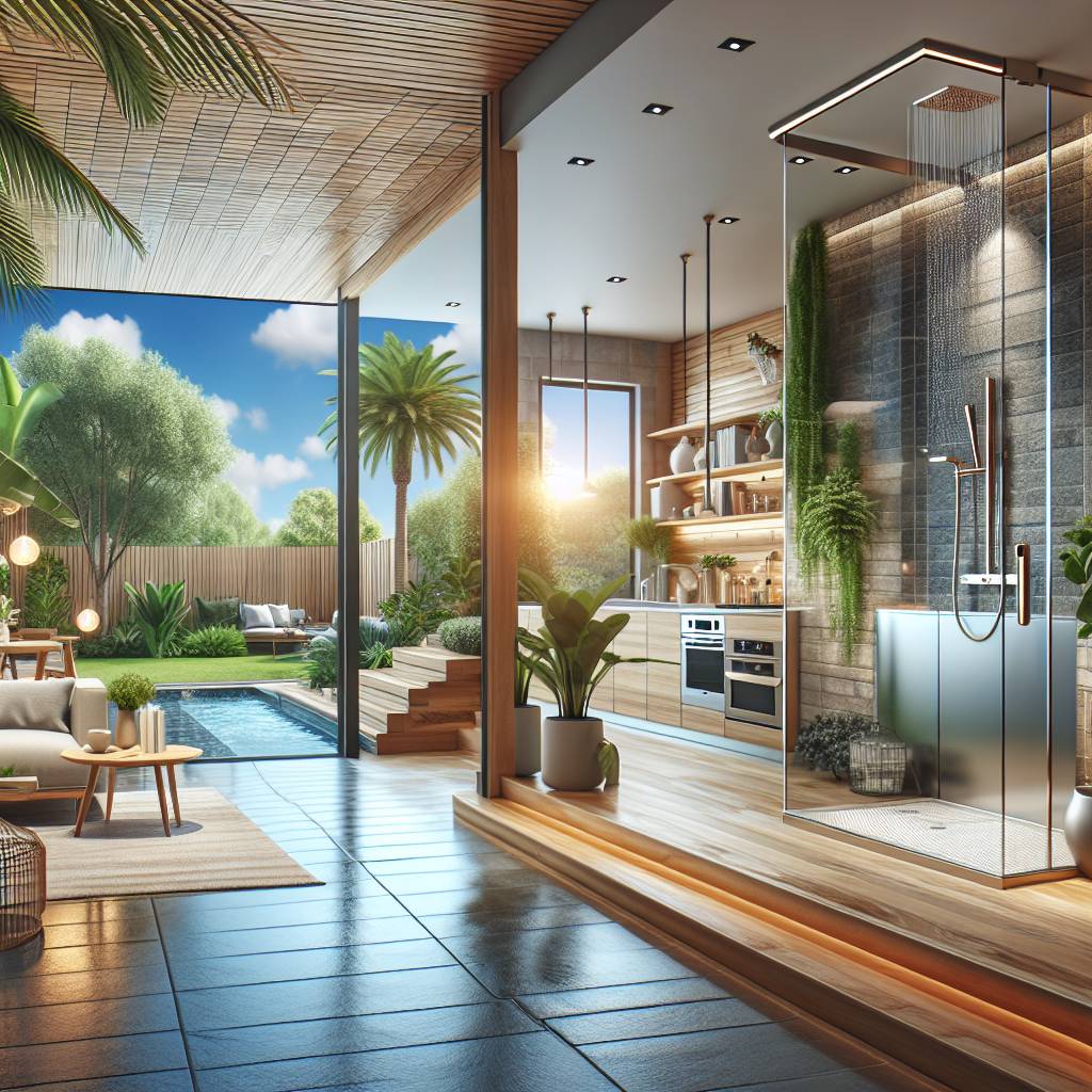 Modern indoor-outdoor living space with pool and garden.