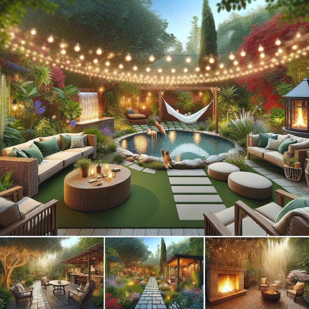 Cozy backyard with string lights, pool, hammock, and fireplace.