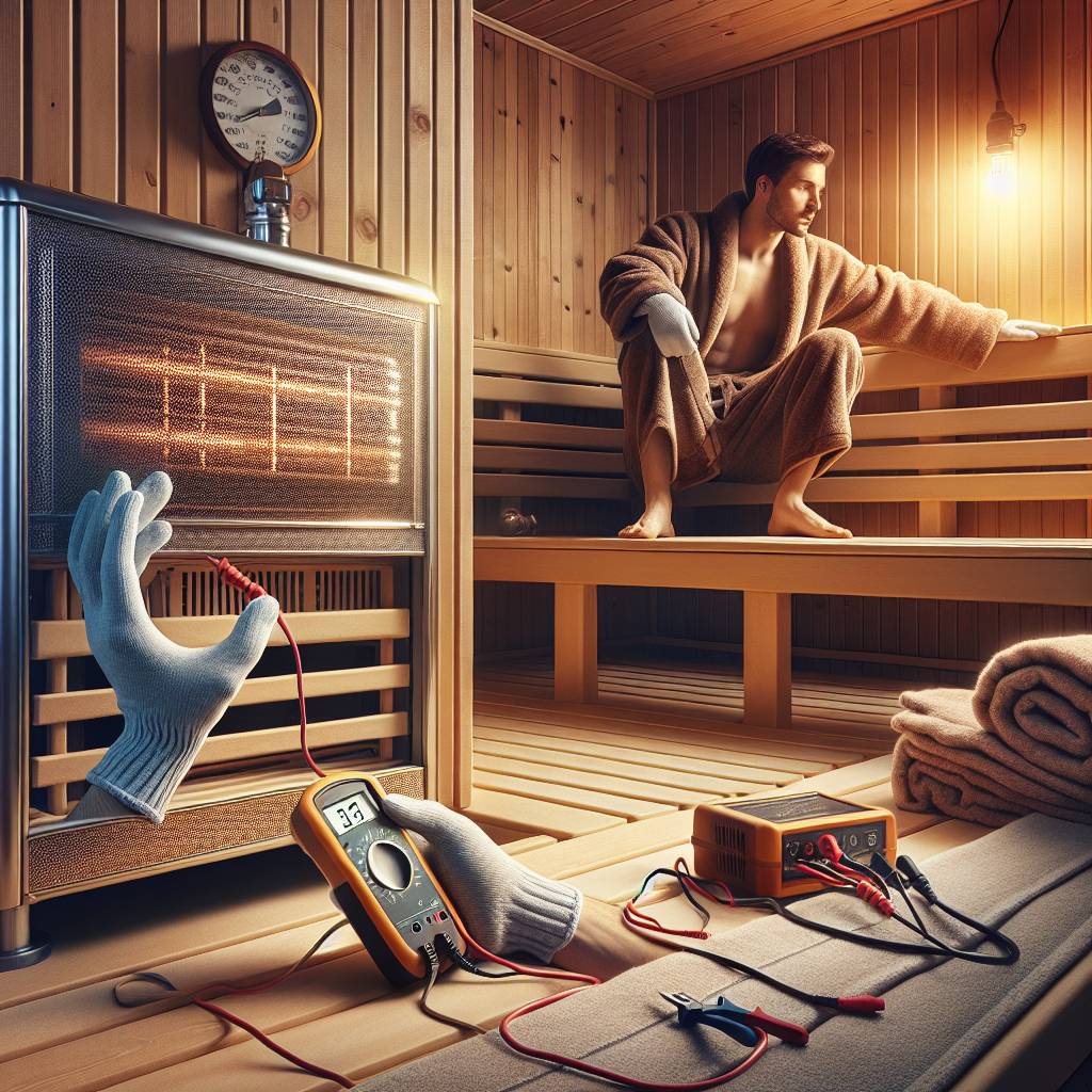 Man relaxing in sauna with electrical equipment testing.