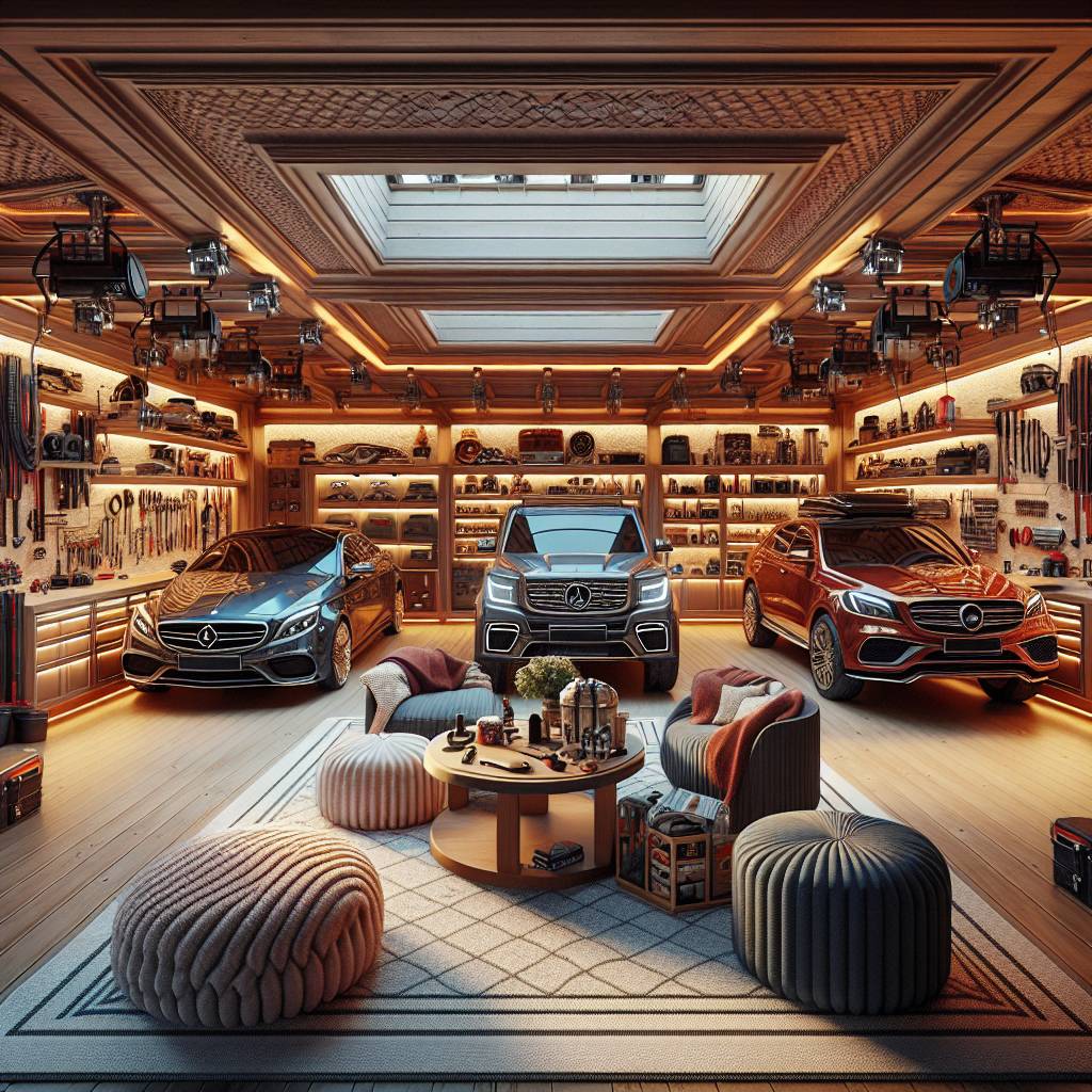 Luxury garage with stylish seating, tools, and three cars.
