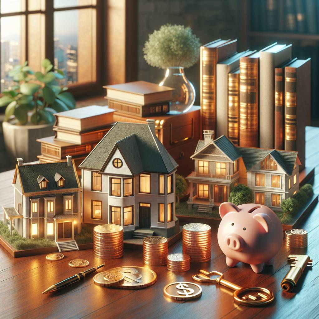 Illustration of real estate investment with houses, coins, and books.