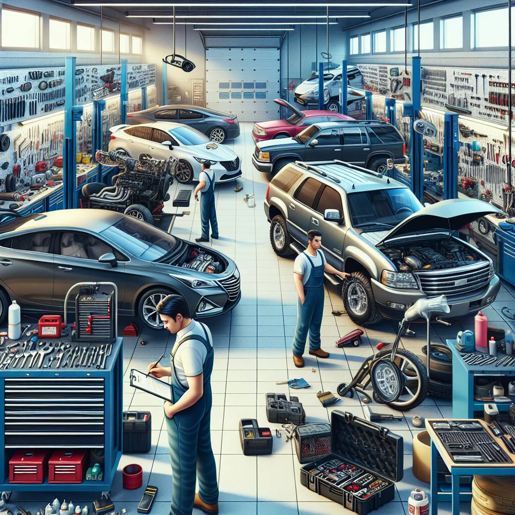 Busy car repair workshop with mechanics and various vehicles.