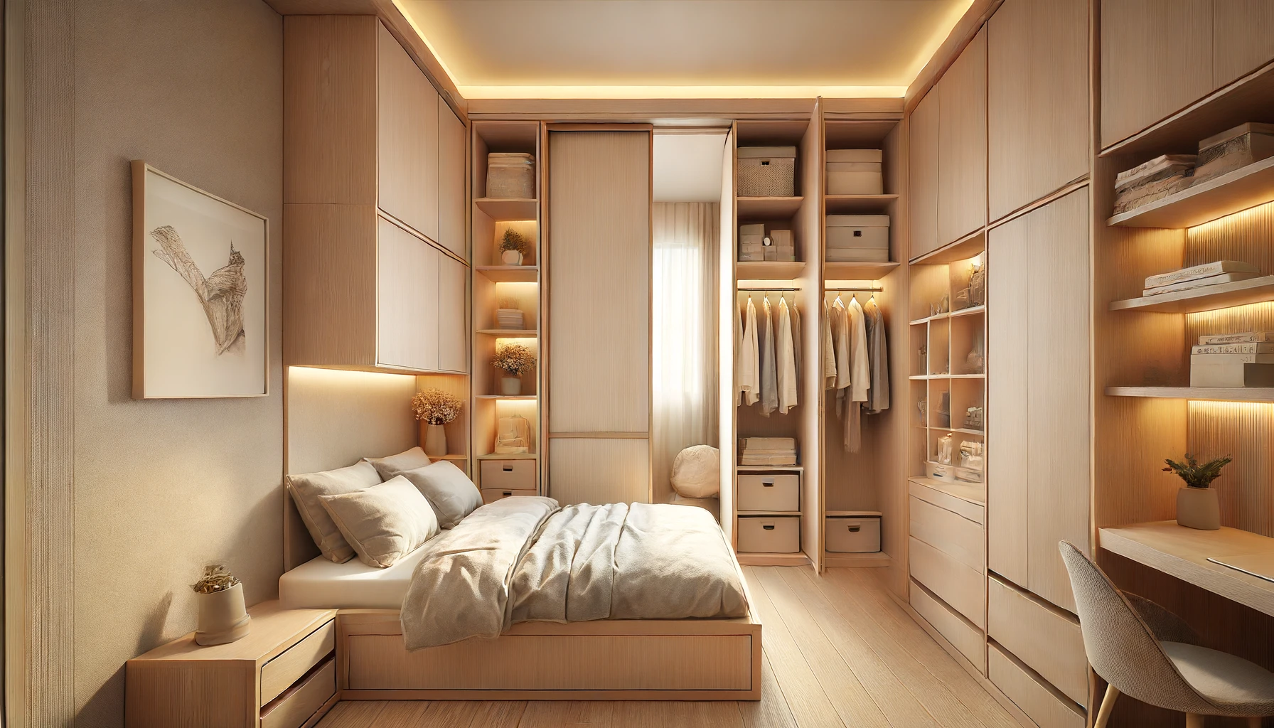wide angle photograph of a compact bedroom