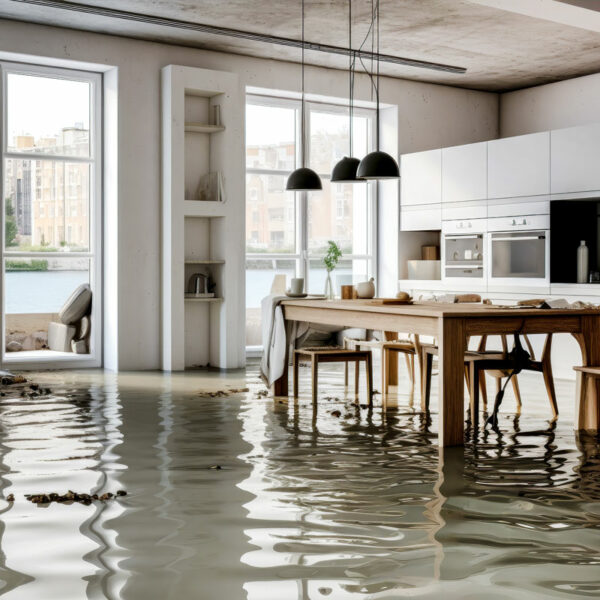 Flooded modern kitchen with water-damaged furniture and decor
