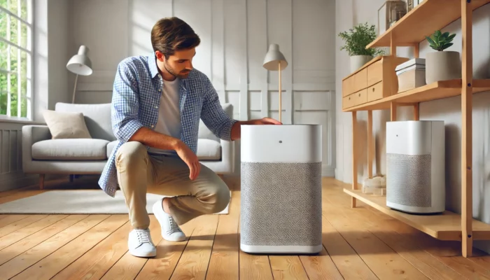 Man interacting with modern air purifier in stylish room