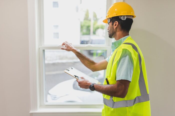 Construction inspector checks residential window with clipboard